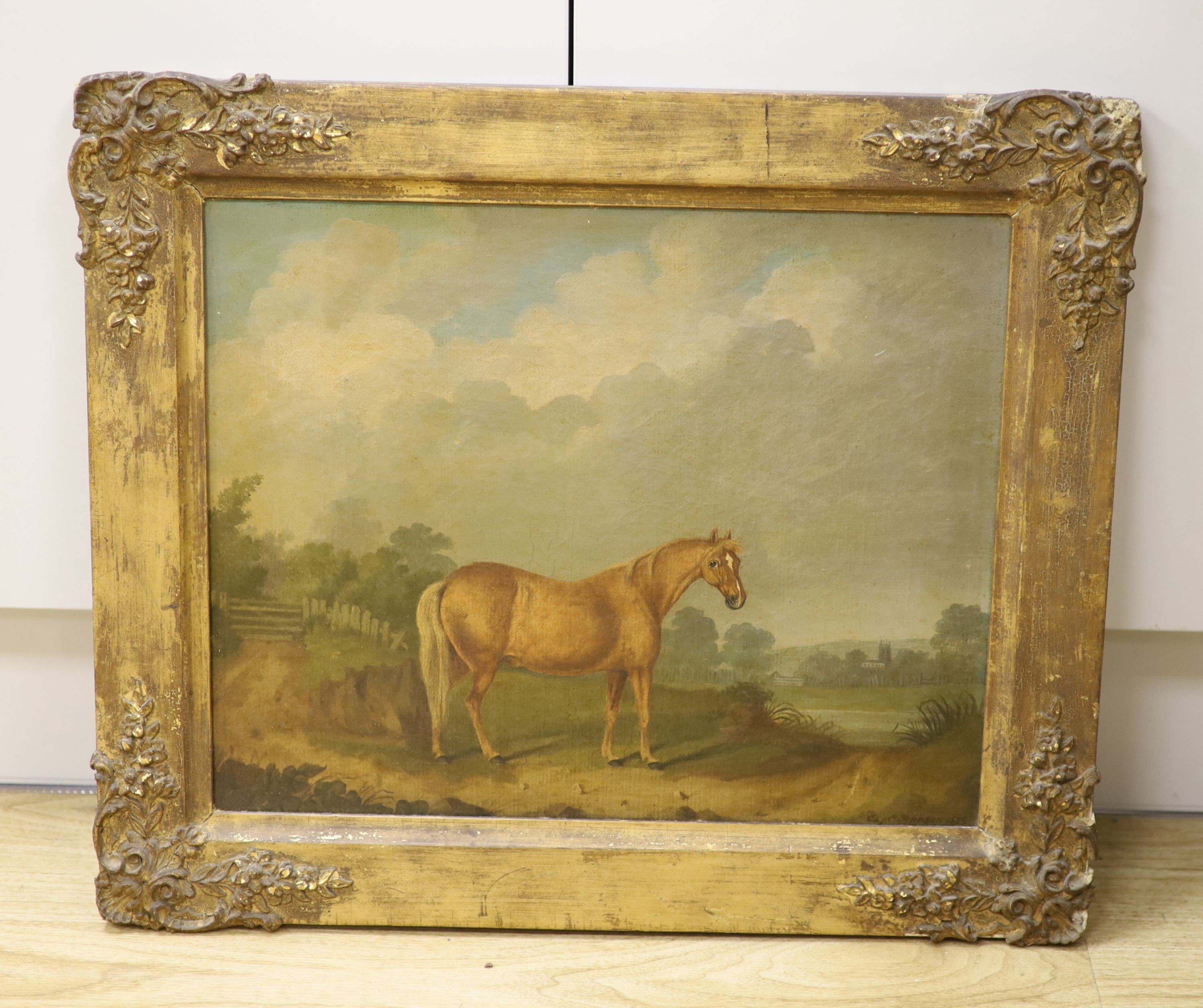 Capt. Johnson (C.19th), oil on canvas, Portrait of a horse standing in a landscape, signed and dated 1822, 34 x 43cm
